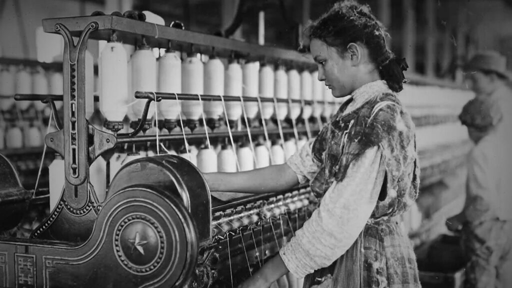 A girl of late 80's working in a textile mill, image showing the importance of textile inventions in the industry